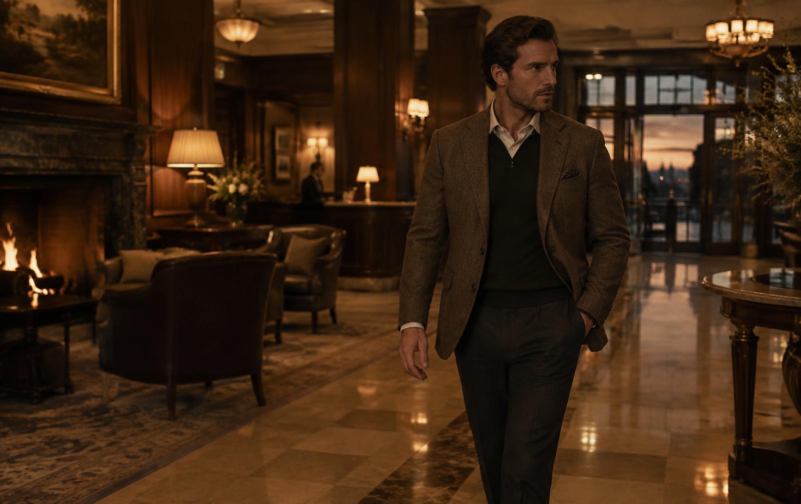 Man in a brown tweed sports jacket walking through an old hotel lobby at dusk