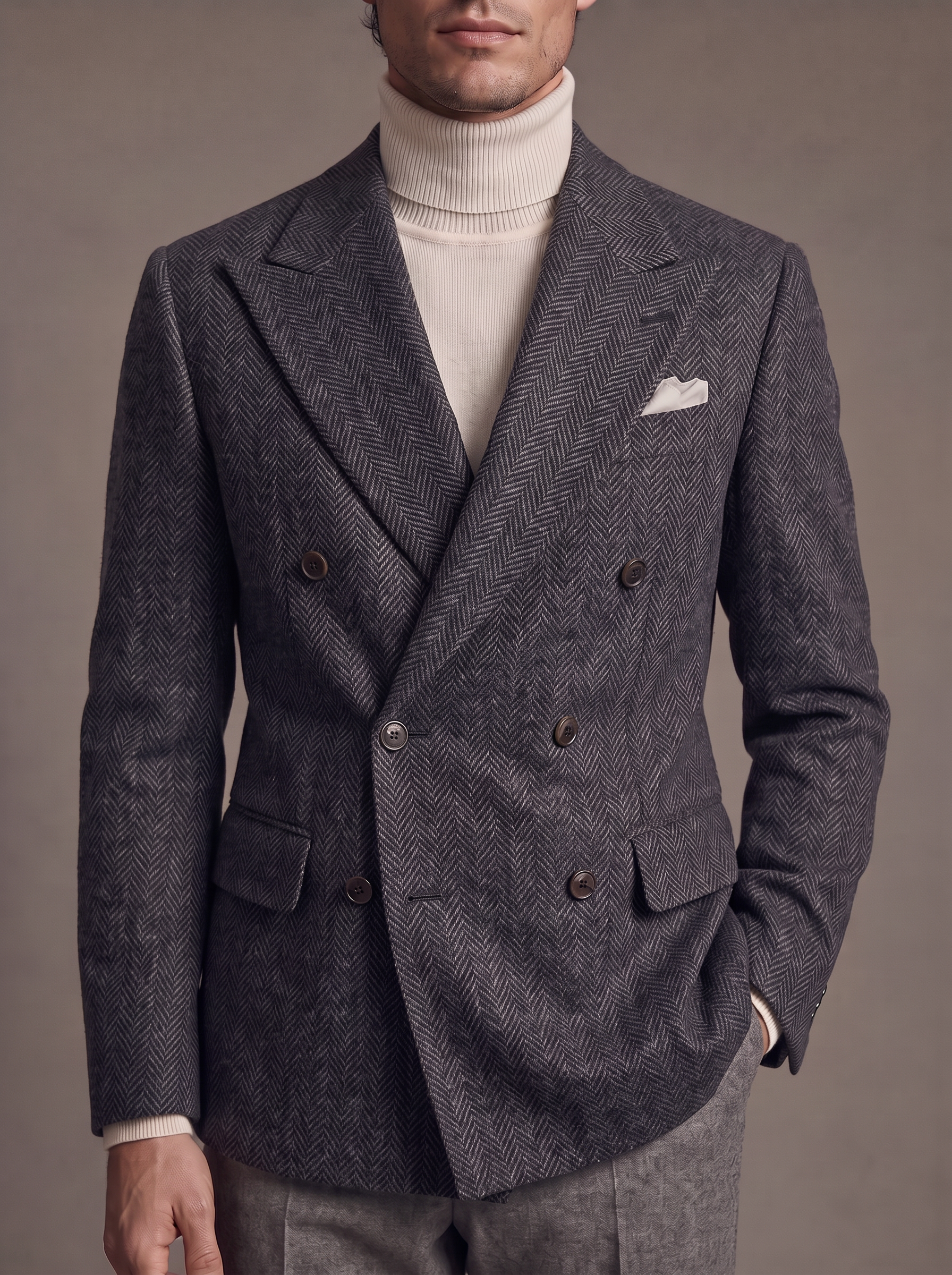 Man in a dark grey herringbone double-breasted blazer over a cream turtleneck on a studio backdrop