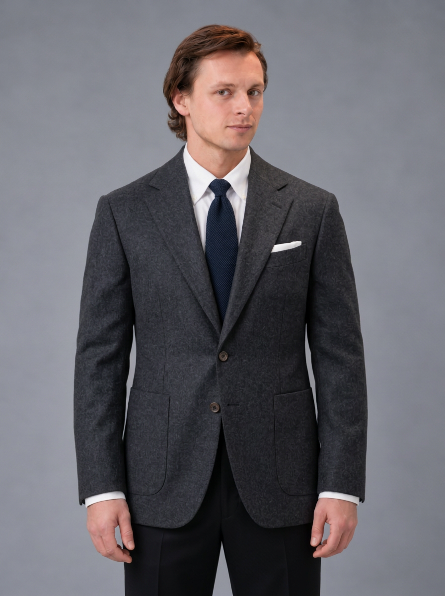 Man in a dark charcoal flannel jacket with patch pockets, black trousers, white shirt and navy knit tie on a grey studio backdrop