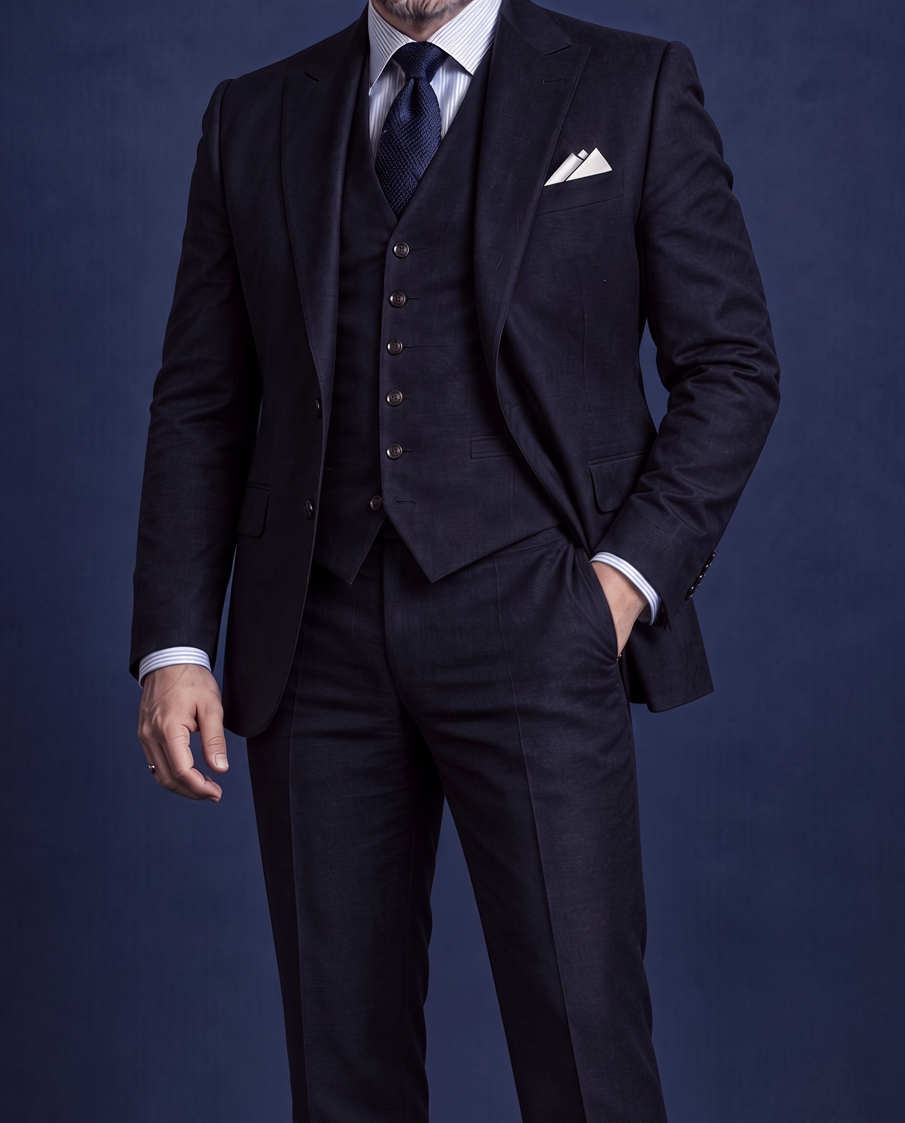 Man in a charcoal three-piece suit with waistcoat on a navy studio backdrop