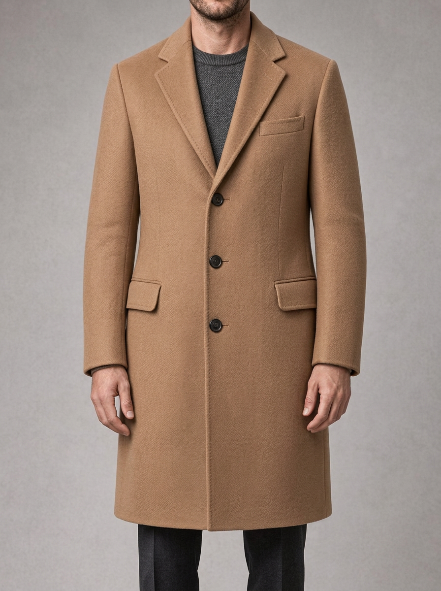 Man in a camel single-breasted wool overcoat over a charcoal crew-neck knit and charcoal pleated trousers, brown leather shoes, on a grey studio backdrop