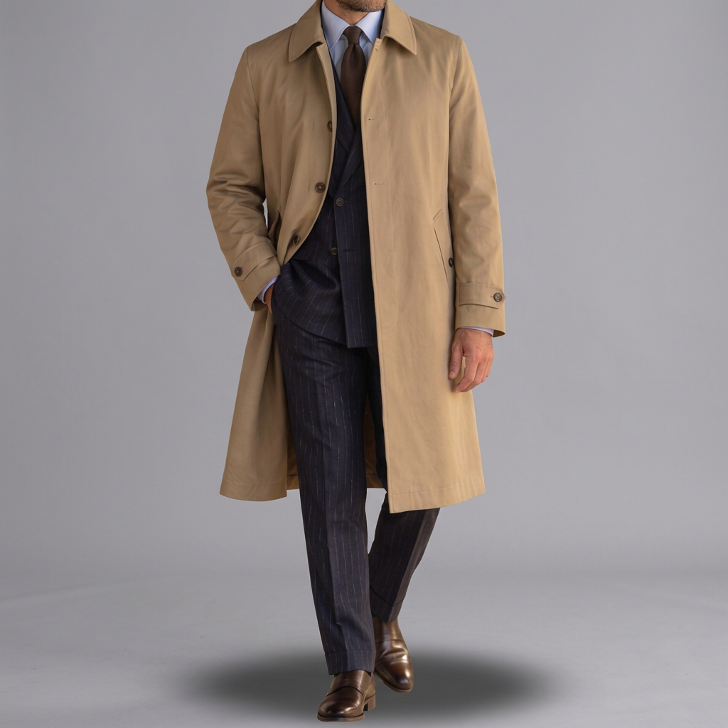 Man in a beige cotton raincoat worn open over a navy pinstripe double-breasted suit and brown loafers