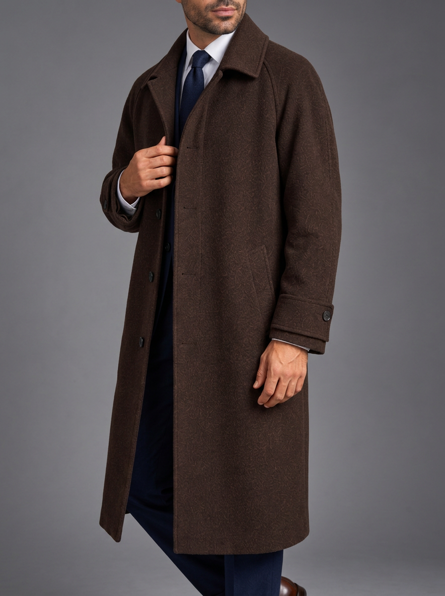 Man in a long brown wool raglan overcoat over a navy suit, white shirt and navy tie, with brown tassel loafers on a grey studio backdrop