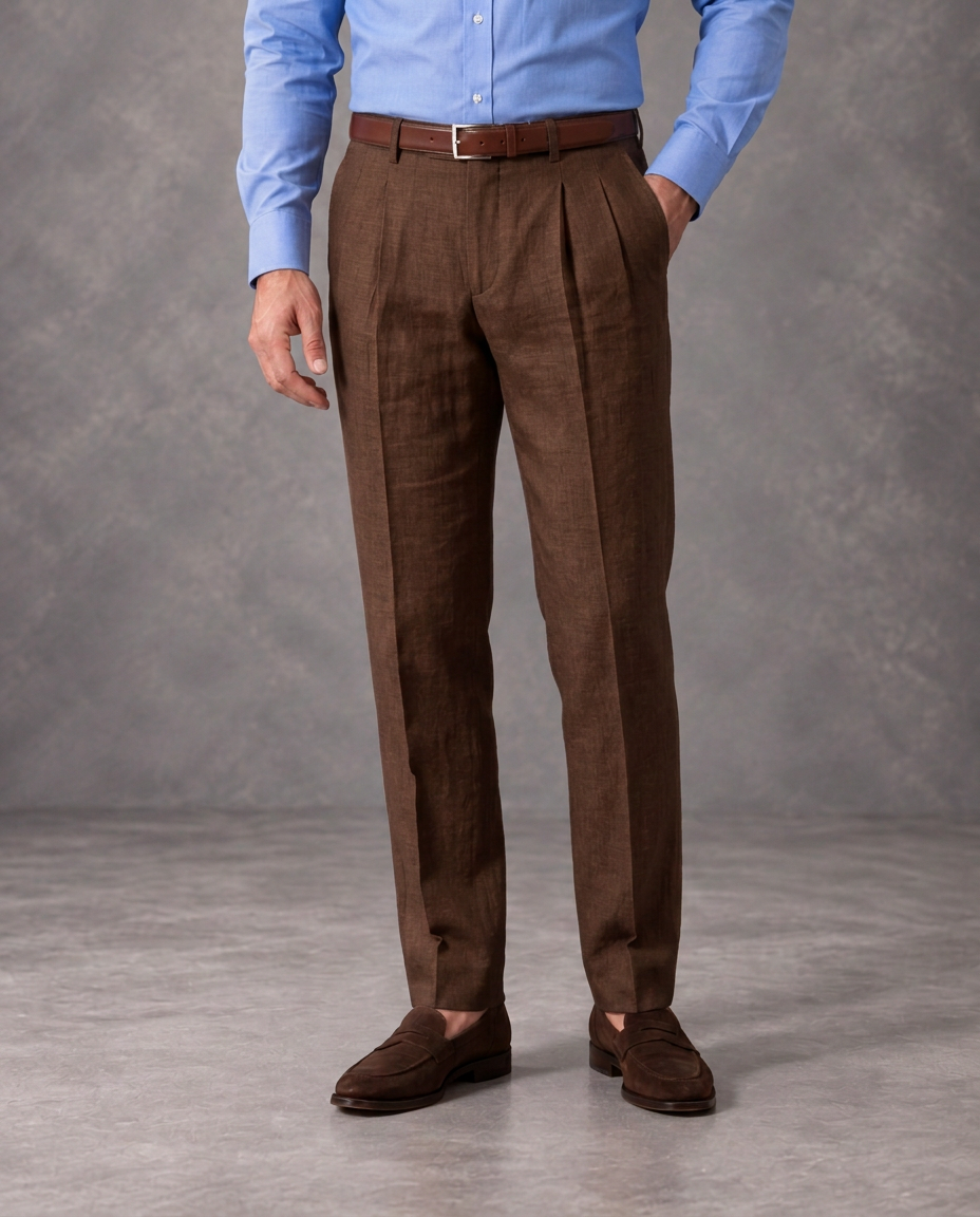 Chocolate brown double-pleated linen trousers with a light blue shirt, brown belt and leather loafers against a grey studio backdrop