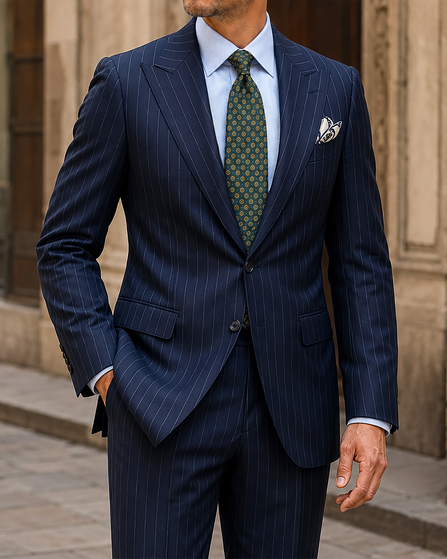 Man in a navy two-piece suit with a white shirt on a studio backdrop