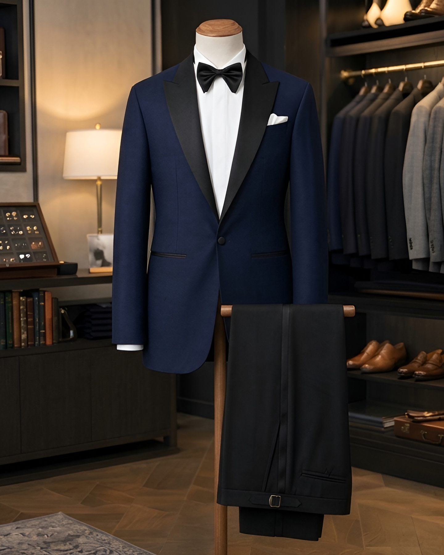 Man in a midnight tuxedo in evening light