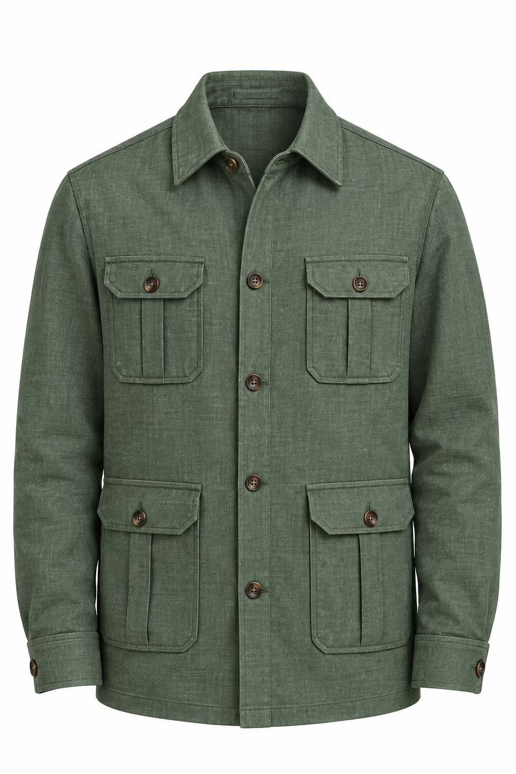Olive overshirt with four flap pockets and brown horn buttons