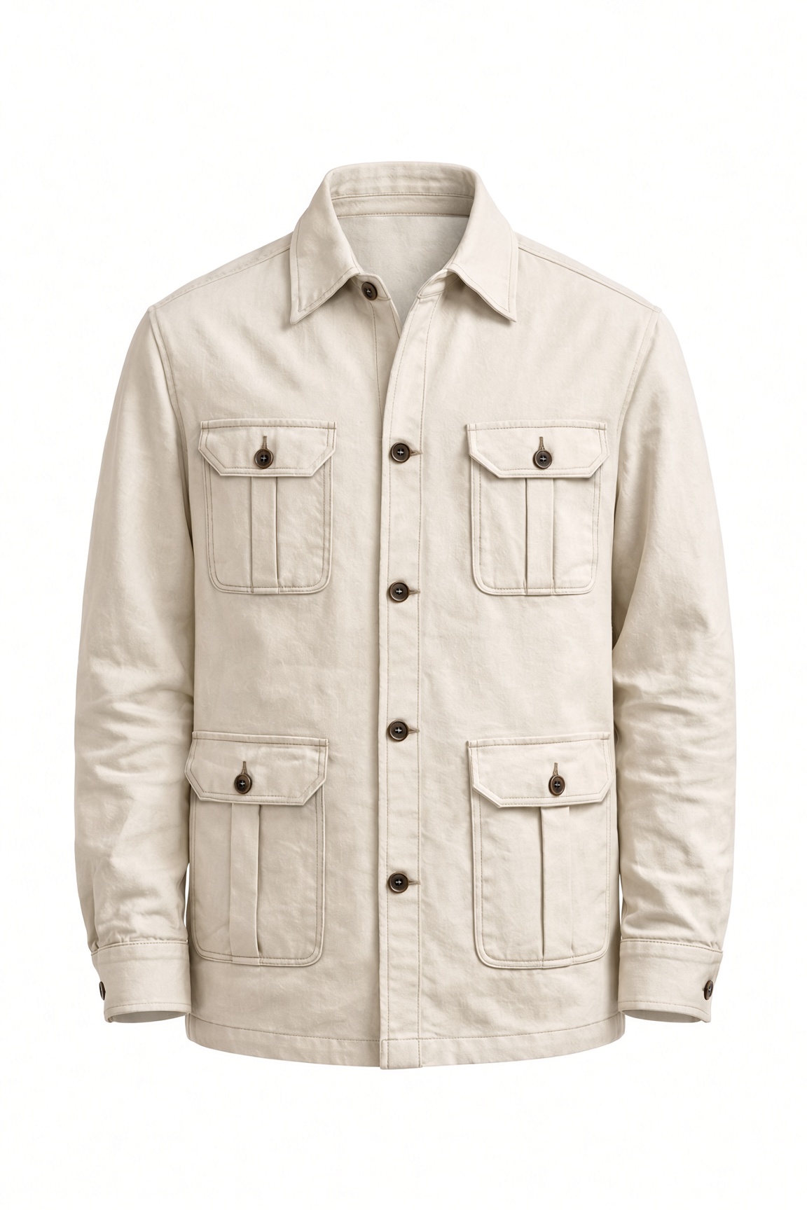 Beige cotton overshirt with four flap pockets and dark horn buttons