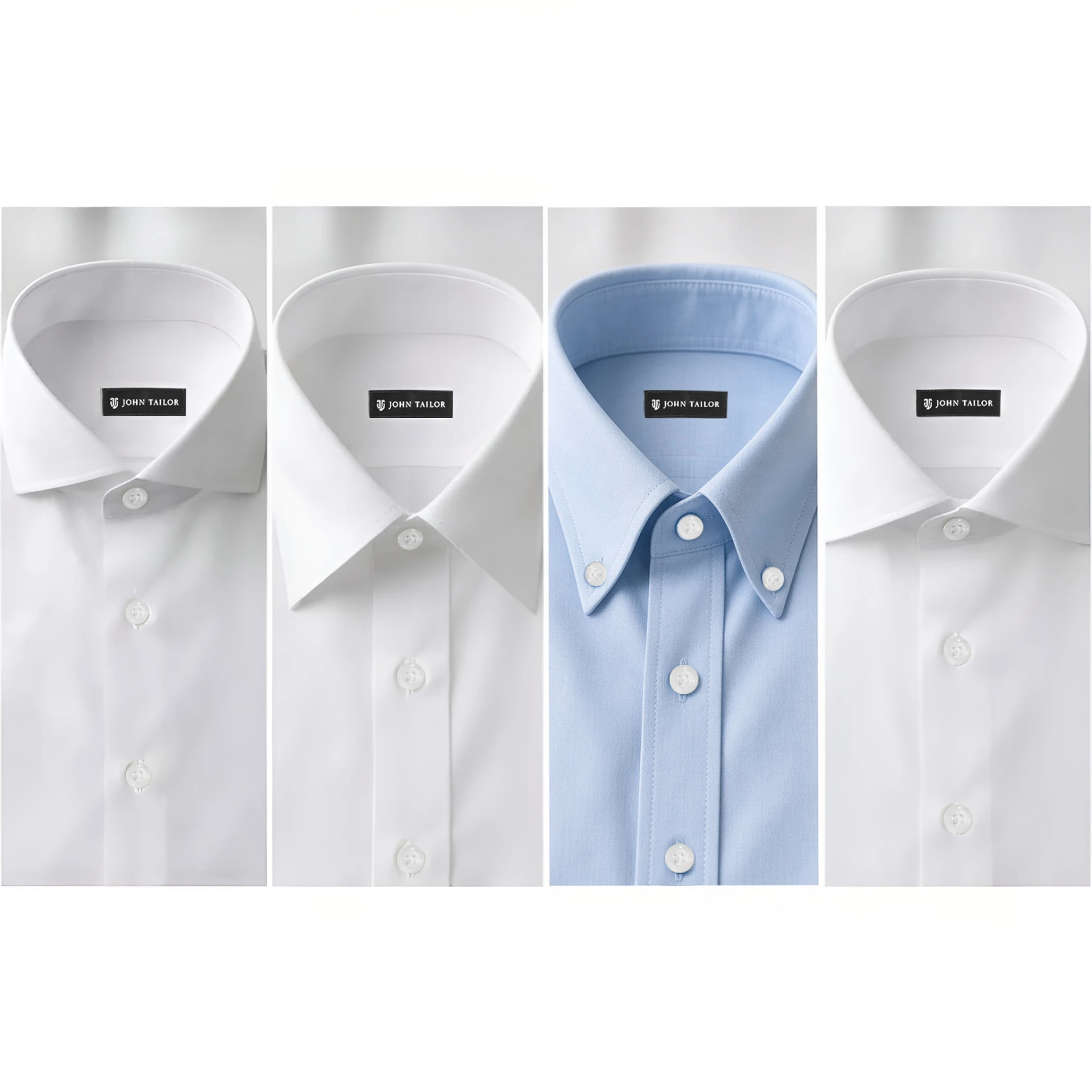 Four John Tailor shirt collars side by side — three white styles and a blue button-down